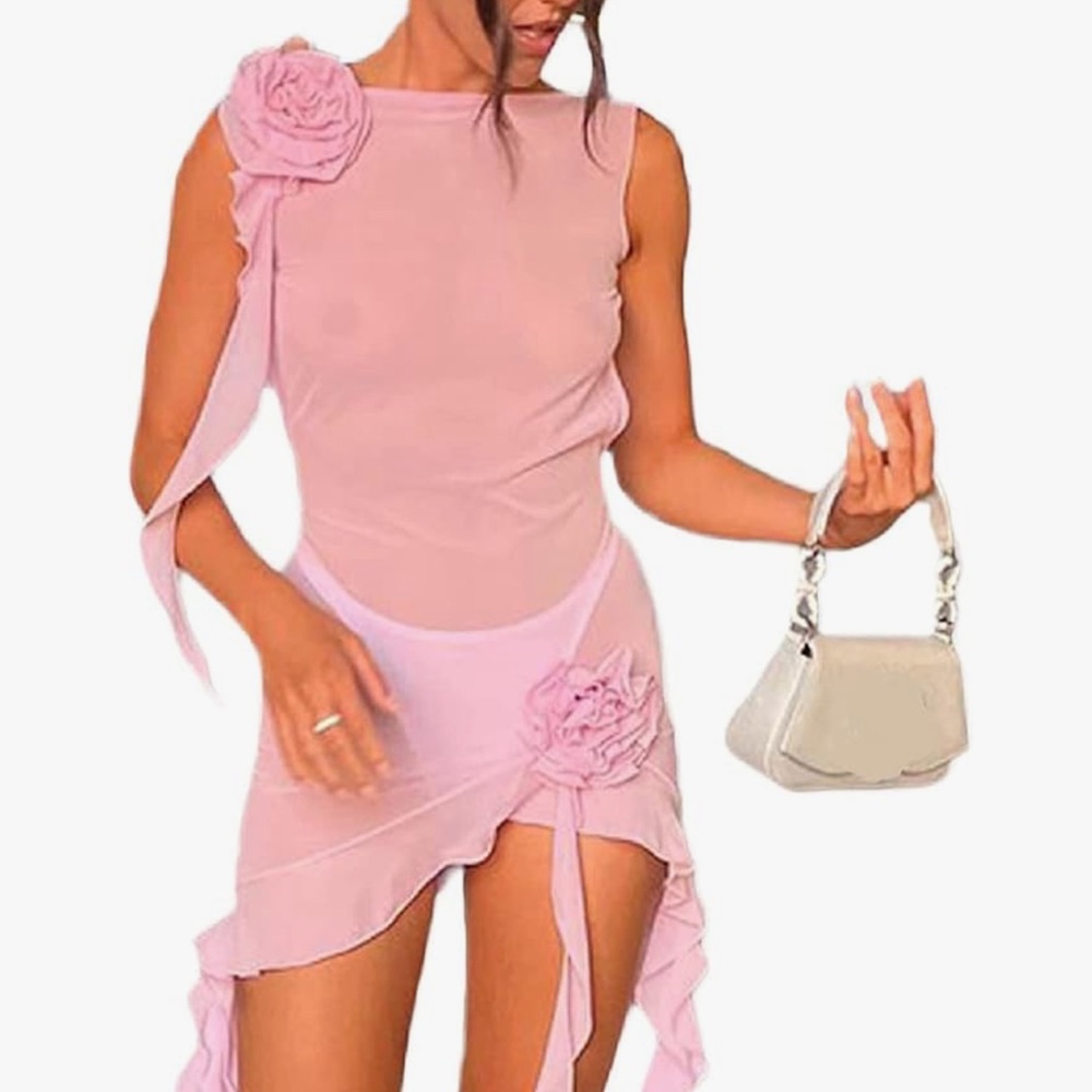 3D Flower Mini Dress Sheer Mesh Short Ruffle Trim Fringe Dress - NWOT - Medium